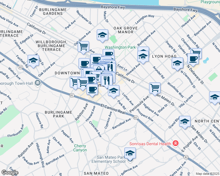 map of restaurants, bars, coffee shops, grocery stores, and more near 220 Park Road in Burlingame