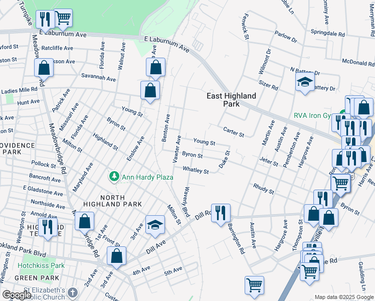 map of restaurants, bars, coffee shops, grocery stores, and more near 1406 Byron Street in Richmond