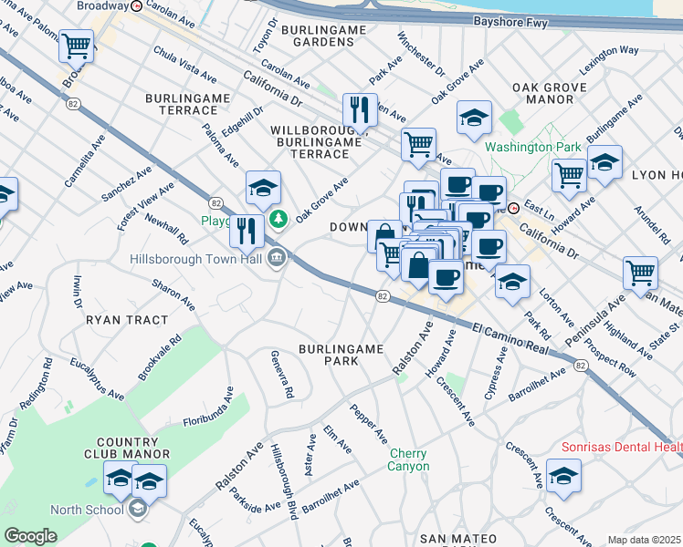 map of restaurants, bars, coffee shops, grocery stores, and more near 524 El Camino Real in Burlingame