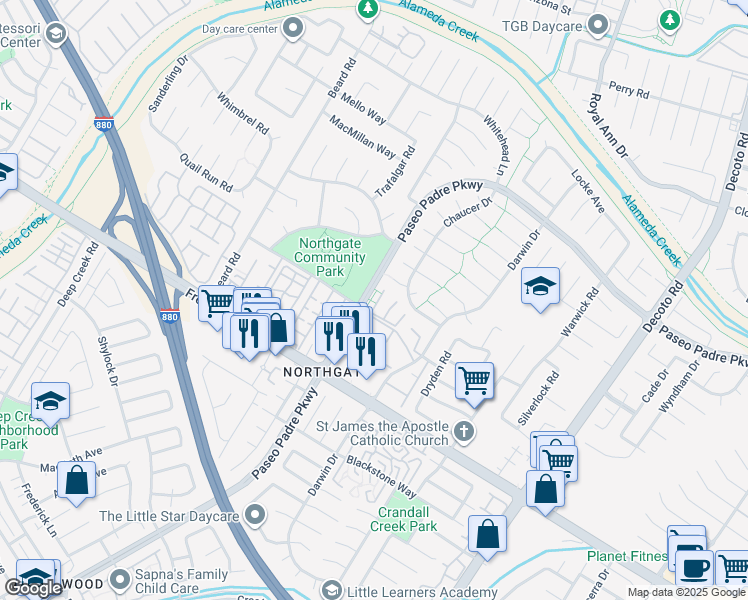 map of restaurants, bars, coffee shops, grocery stores, and more near 34153 Aberdeen Terrace in Fremont