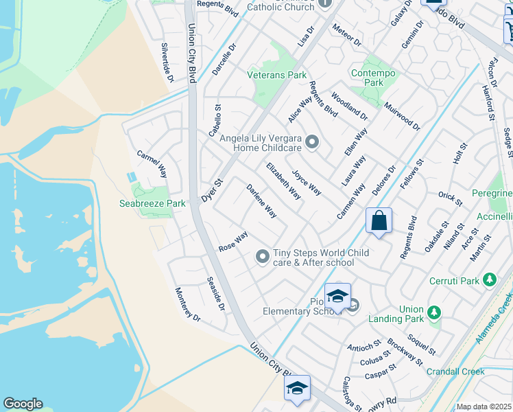 map of restaurants, bars, coffee shops, grocery stores, and more near 4724 Darlene Court in Union City