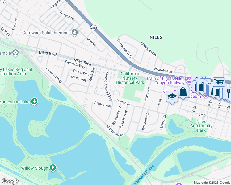 map of restaurants, bars, coffee shops, grocery stores, and more near 286 Lindero Terrace in Fremont