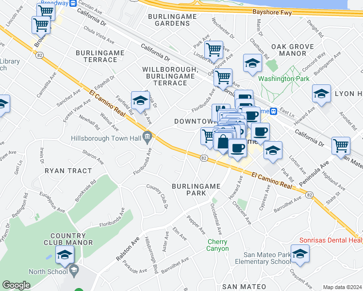 map of restaurants, bars, coffee shops, grocery stores, and more near 508 El Camino Real in Burlingame