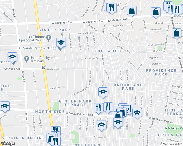 map of restaurants, bars, coffee shops, grocery stores, and more near 3223 Edgewood Avenue in Richmond