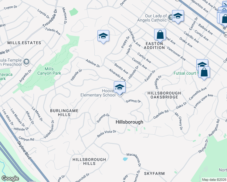 map of restaurants, bars, coffee shops, grocery stores, and more near 2841 Canyon Road in Burlingame