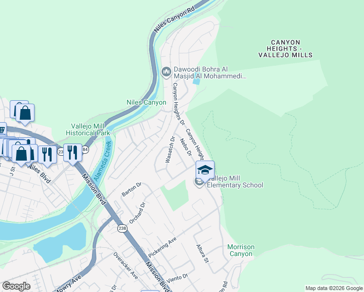 map of restaurants, bars, coffee shops, grocery stores, and more near 38382 Nebo Drive in Fremont