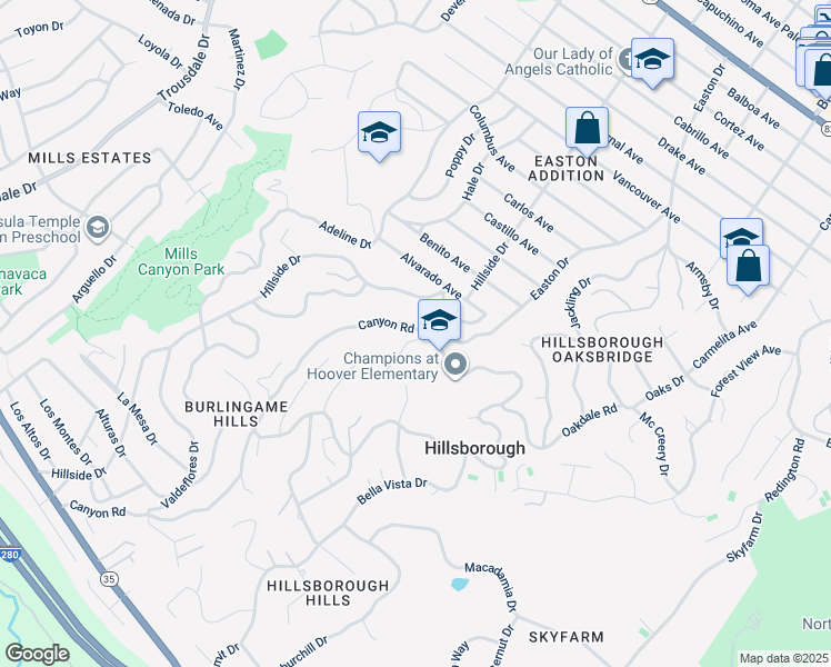 map of restaurants, bars, coffee shops, grocery stores, and more near 2841 Canyon Road in Burlingame