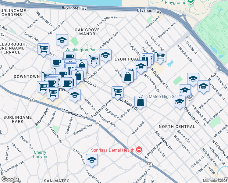 map of restaurants, bars, coffee shops, grocery stores, and more near 6 California Drive in Burlingame