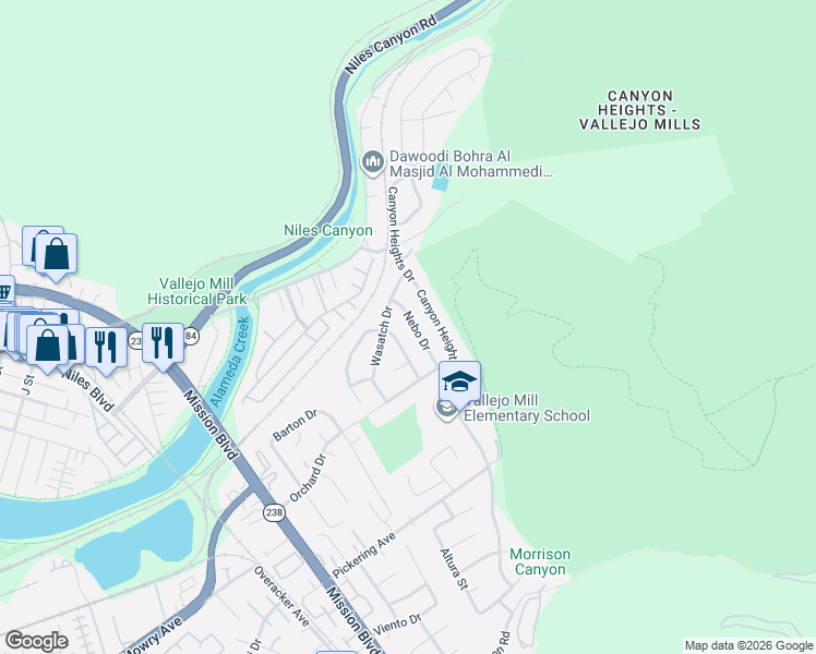 map of restaurants, bars, coffee shops, grocery stores, and more near 38382 Nebo Drive in Fremont