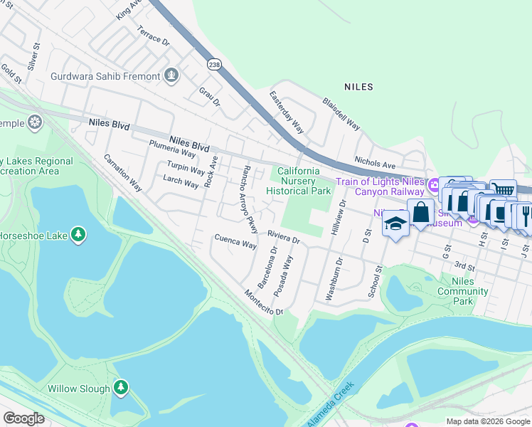 map of restaurants, bars, coffee shops, grocery stores, and more near 286 Lindero Terrace in Fremont