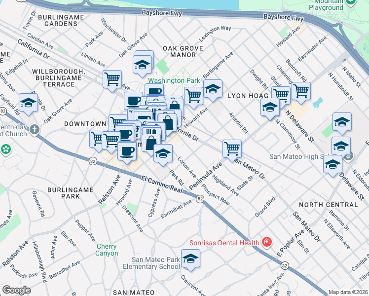 map of restaurants, bars, coffee shops, grocery stores, and more near 124 Highland Avenue in Burlingame