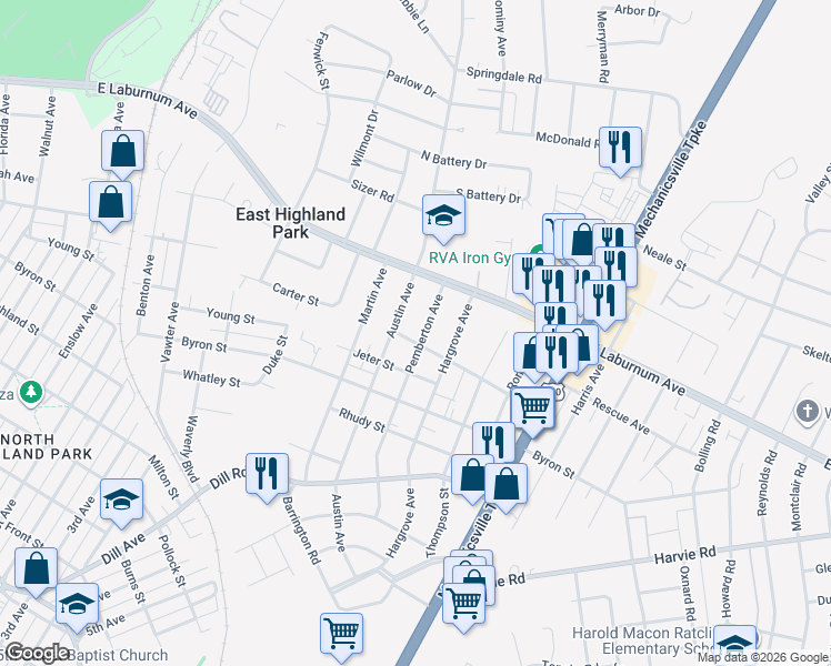 map of restaurants, bars, coffee shops, grocery stores, and more near 3709 Pemberton Avenue in Richmond