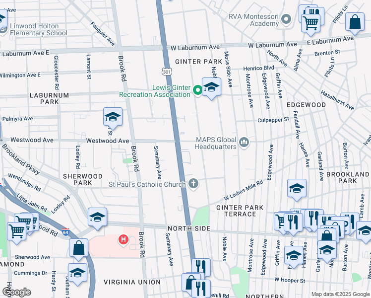 map of restaurants, bars, coffee shops, grocery stores, and more near 3218 Hawthorne Avenue in Richmond