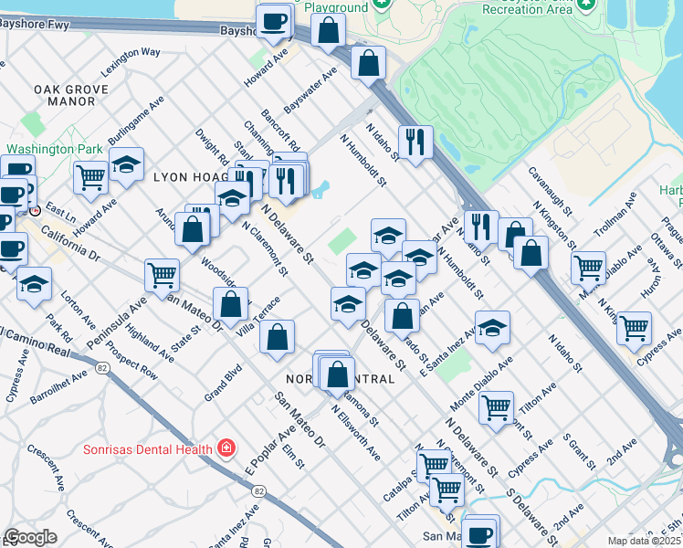 map of restaurants, bars, coffee shops, grocery stores, and more near 600 North Delaware Street in San Mateo