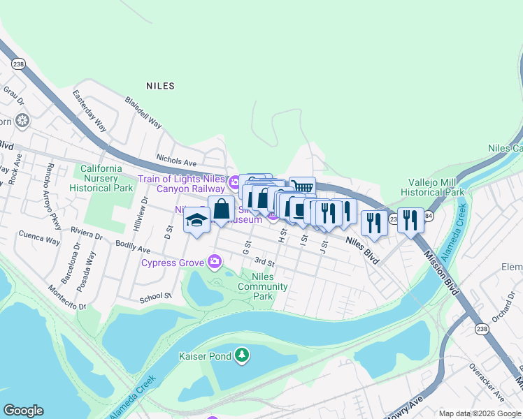 map of restaurants, bars, coffee shops, grocery stores, and more near 37312 Niles Boulevard in Fremont