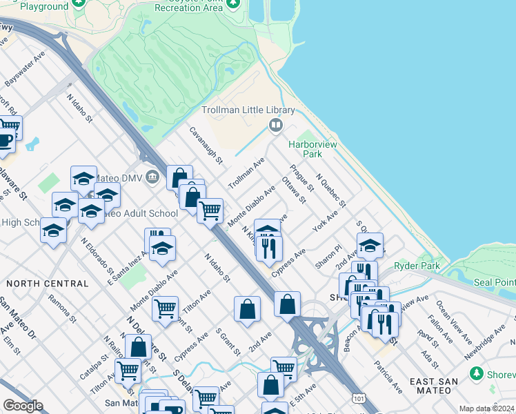map of restaurants, bars, coffee shops, grocery stores, and more near 1410 Monte Diablo Avenue in San Mateo