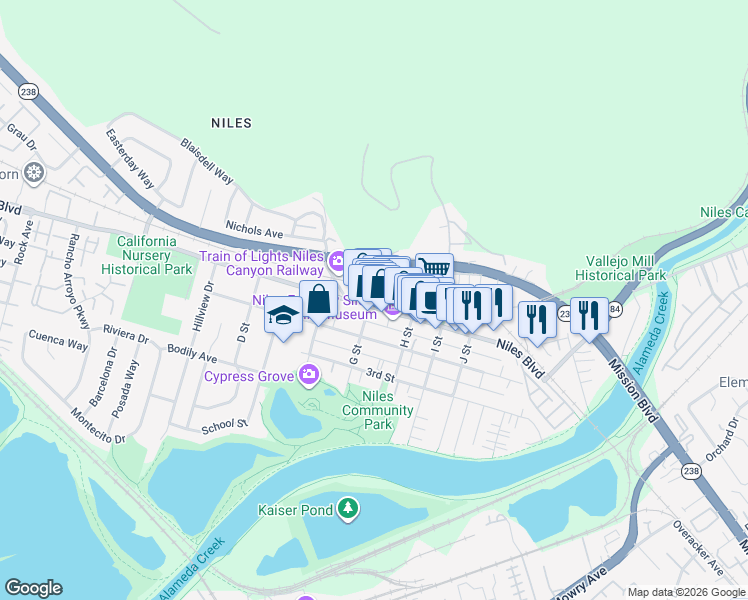 map of restaurants, bars, coffee shops, grocery stores, and more near 37312 Niles Boulevard in Fremont