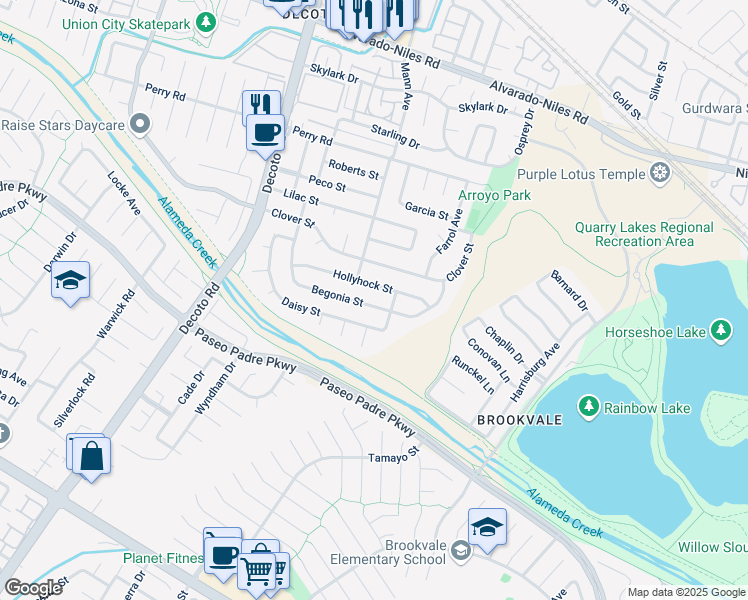 map of restaurants, bars, coffee shops, grocery stores, and more near 35009 Hollyhock Street in Union City
