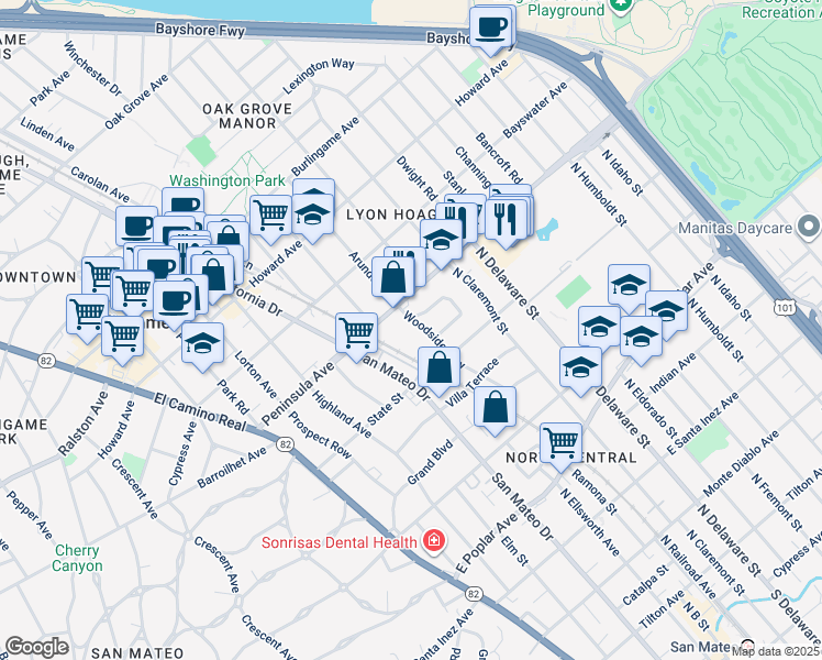 map of restaurants, bars, coffee shops, grocery stores, and more near 853 Woodside Way in San Mateo