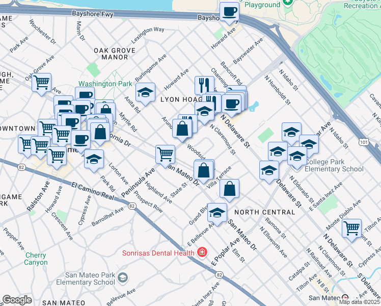 map of restaurants, bars, coffee shops, grocery stores, and more near 853 Woodside Way in San Mateo