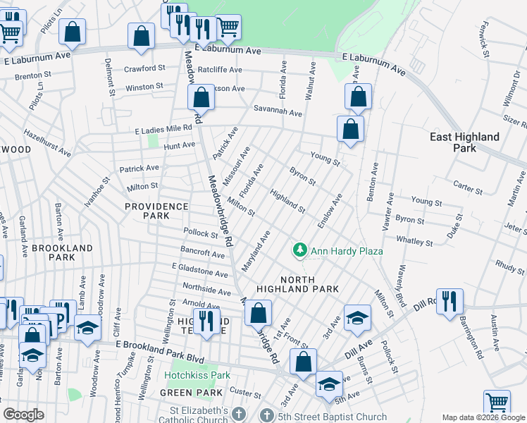 map of restaurants, bars, coffee shops, grocery stores, and more near 3410 Delaware Avenue in Richmond