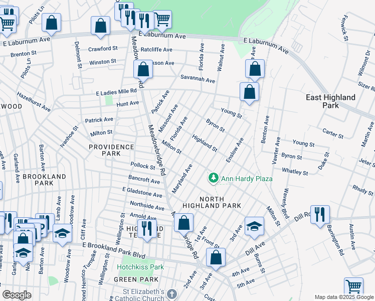 map of restaurants, bars, coffee shops, grocery stores, and more near 3405 Delaware Avenue in Richmond