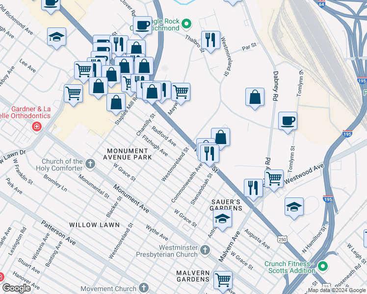 map of restaurants, bars, coffee shops, grocery stores, and more near 4602 Radford Avenue in Richmond