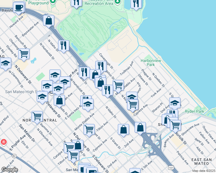 map of restaurants, bars, coffee shops, grocery stores, and more near 240 North Bayshore Boulevard in San Mateo