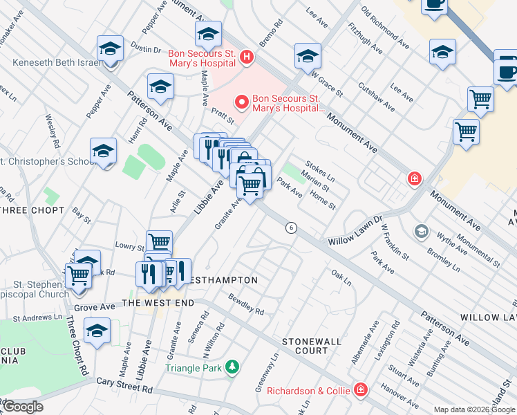 map of restaurants, bars, coffee shops, grocery stores, and more near 5609 Virginia 6 in Richmond