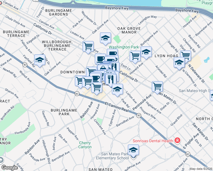 map of restaurants, bars, coffee shops, grocery stores, and more near 220 Park Road in Burlingame