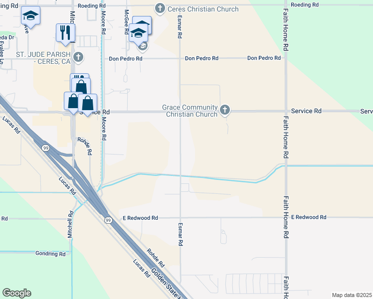 map of restaurants, bars, coffee shops, grocery stores, and more near 4206 Esmar Road in Ceres