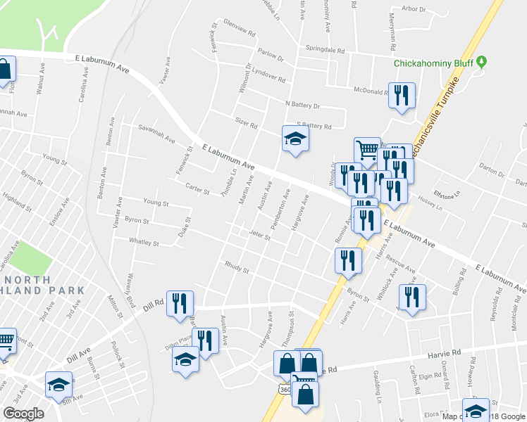 map of restaurants, bars, coffee shops, grocery stores, and more near 3801 Austin Avenue in Richmond