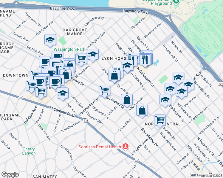 map of restaurants, bars, coffee shops, grocery stores, and more near 320 Peninsula Avenue in San Mateo