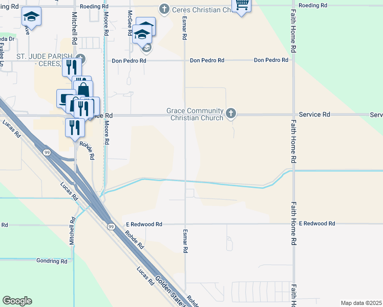 map of restaurants, bars, coffee shops, grocery stores, and more near 4206 Esmar Road in Ceres