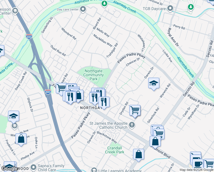 map of restaurants, bars, coffee shops, grocery stores, and more near 34233 Aberdeen Terrace in Fremont