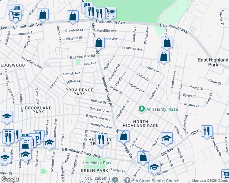 map of restaurants, bars, coffee shops, grocery stores, and more near 3314 Florida Avenue in Richmond