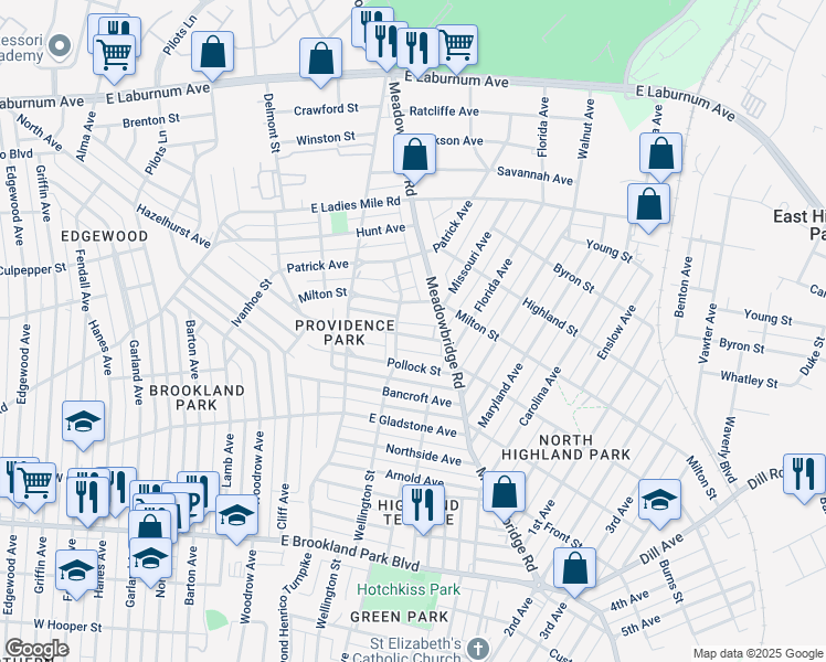 map of restaurants, bars, coffee shops, grocery stores, and more near 608 Hazelhurst Avenue in Richmond