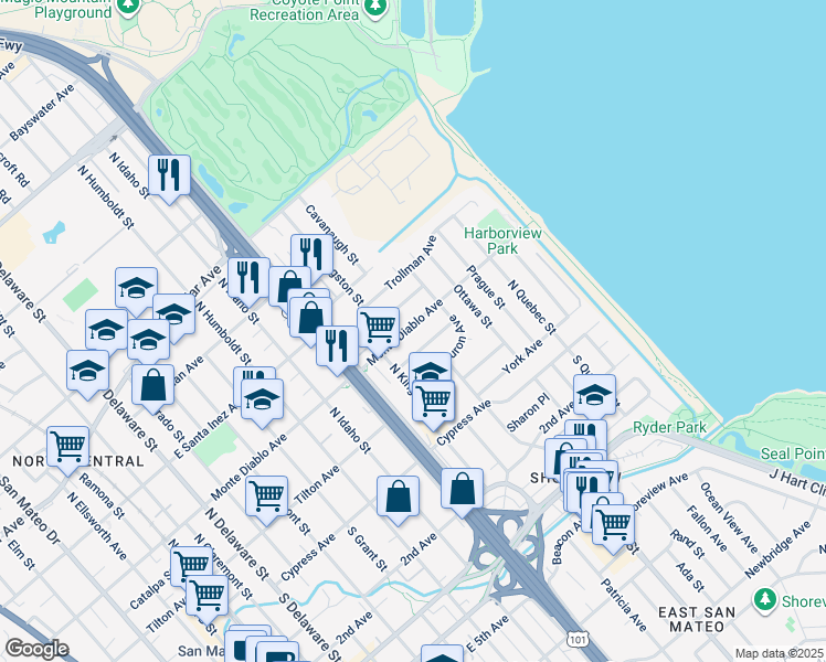 map of restaurants, bars, coffee shops, grocery stores, and more near 1410 Monte Diablo Avenue in San Mateo