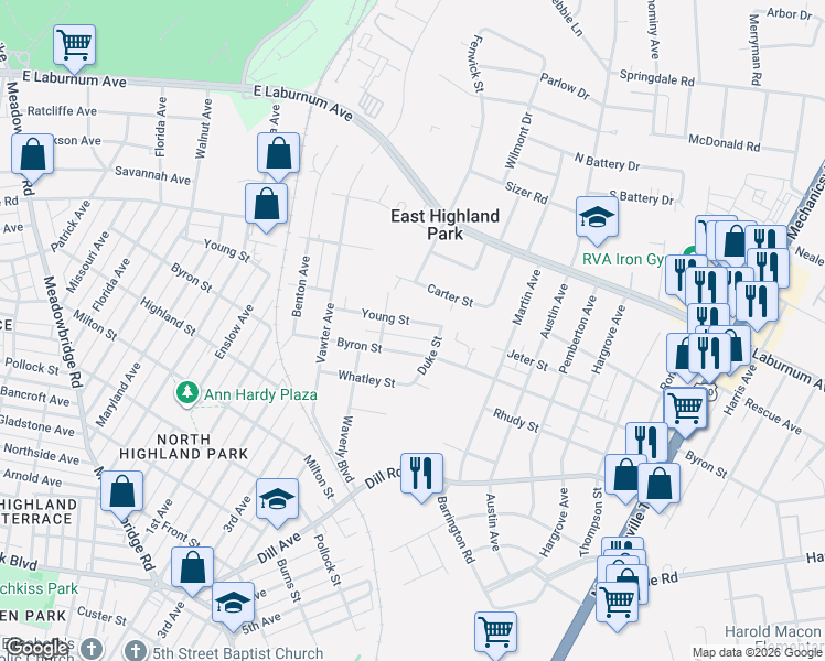 map of restaurants, bars, coffee shops, grocery stores, and more near 1526 Young Street in Richmond
