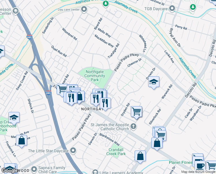 map of restaurants, bars, coffee shops, grocery stores, and more near 34233 Aberdeen Terrace in Fremont
