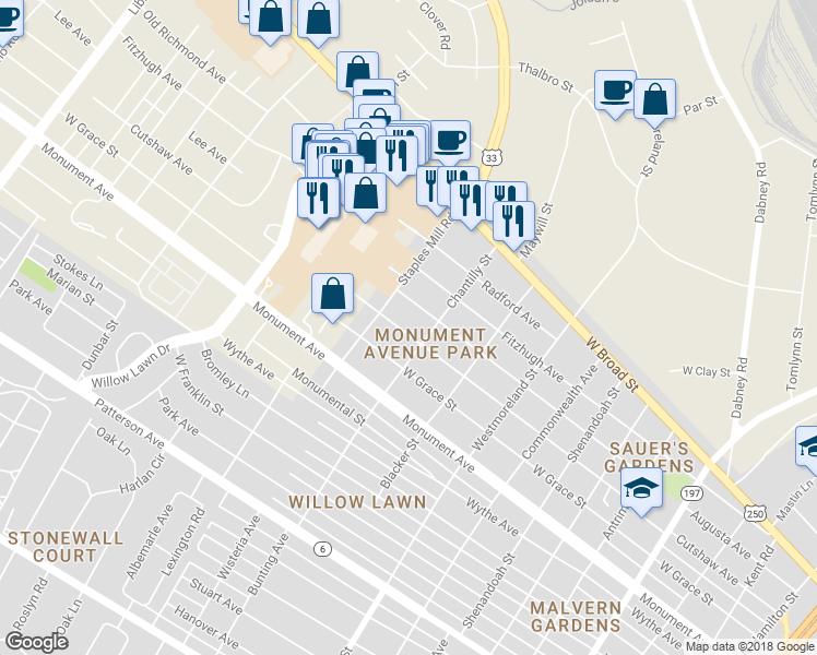 map of restaurants, bars, coffee shops, grocery stores, and more near 4806 Cutshaw Avenue in Richmond
