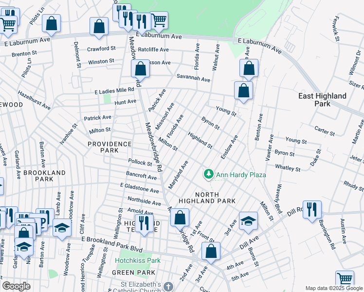 map of restaurants, bars, coffee shops, grocery stores, and more near 3405 Delaware Avenue in Richmond
