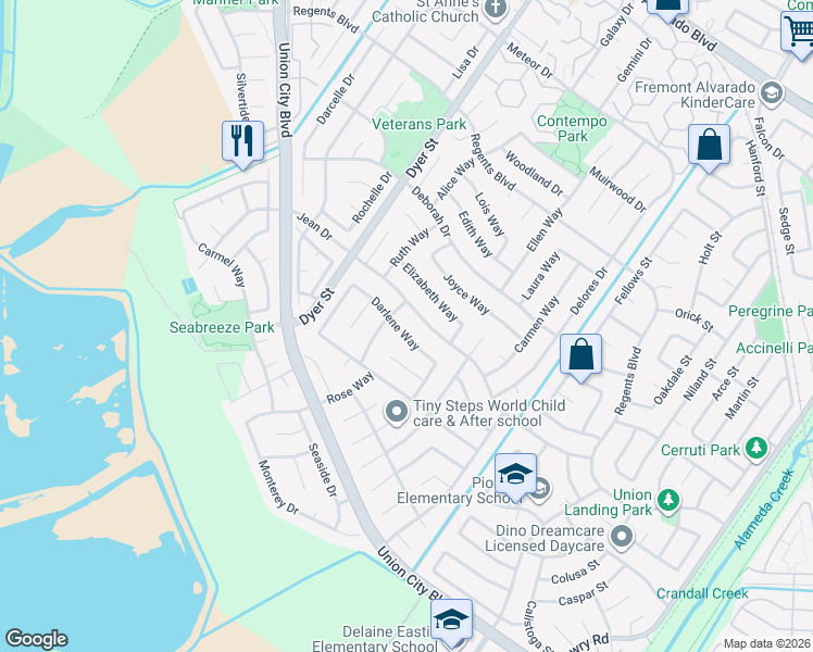 map of restaurants, bars, coffee shops, grocery stores, and more near 32434 Jean Drive in Union City