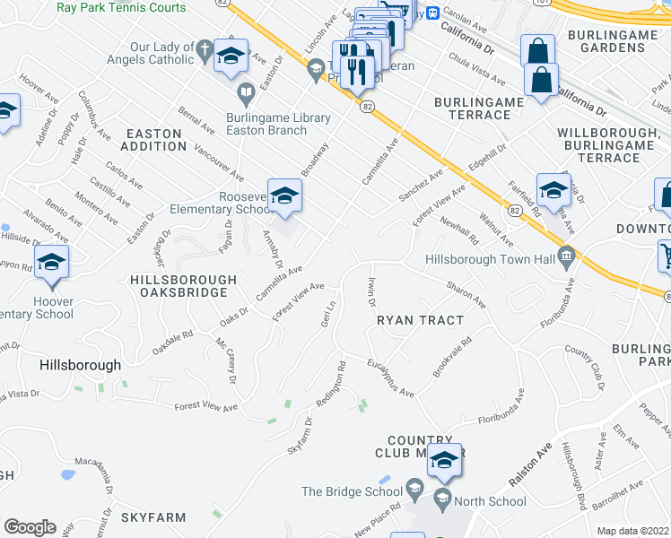 map of restaurants, bars, coffee shops, grocery stores, and more near 1952 Forest View Avenue in Hillsborough