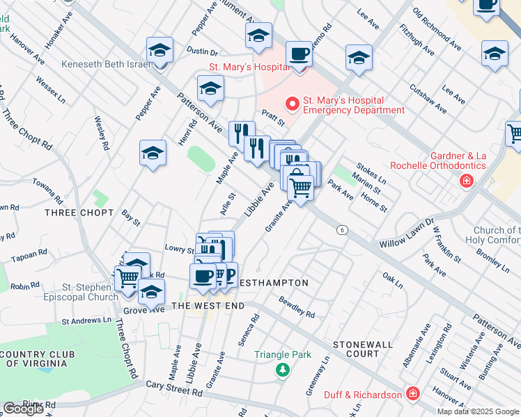 map of restaurants, bars, coffee shops, grocery stores, and more near 613 Libbie Avenue in Richmond