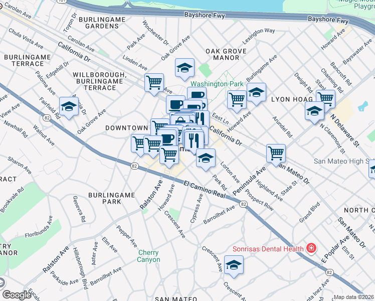 map of restaurants, bars, coffee shops, grocery stores, and more near 251 Park Road in Burlingame