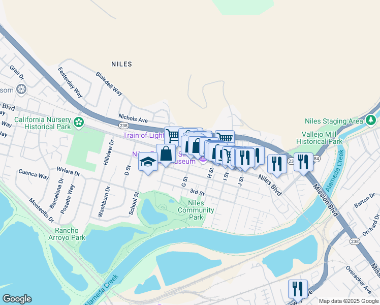 map of restaurants, bars, coffee shops, grocery stores, and more near 37270 Niles Boulevard in Fremont