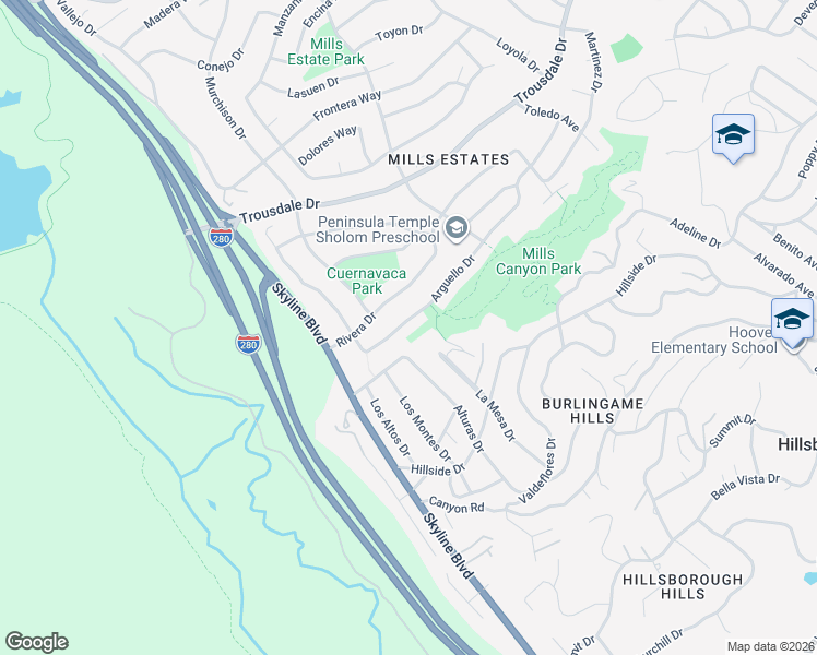 map of restaurants, bars, coffee shops, grocery stores, and more near 3035 Arguello Drive in Burlingame