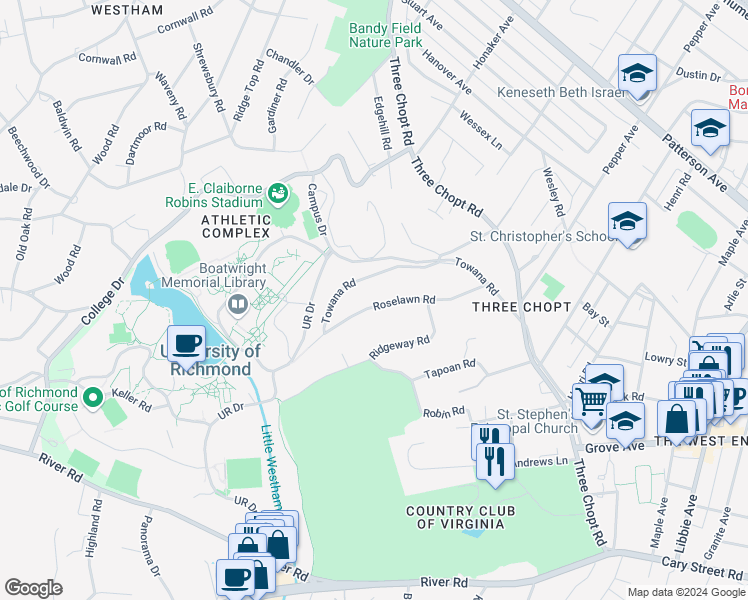 map of restaurants, bars, coffee shops, grocery stores, and more near 6426 Roselawn Road in Richmond