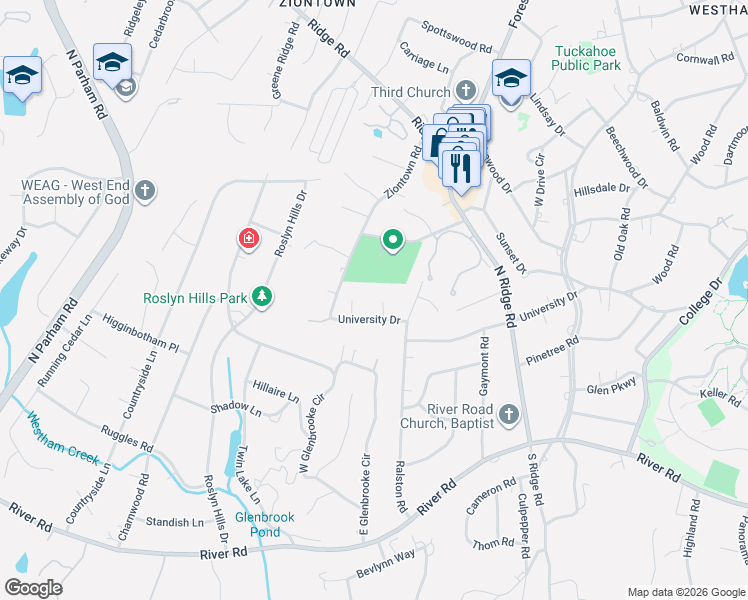 map of restaurants, bars, coffee shops, grocery stores, and more near 8320 University Court in Richmond